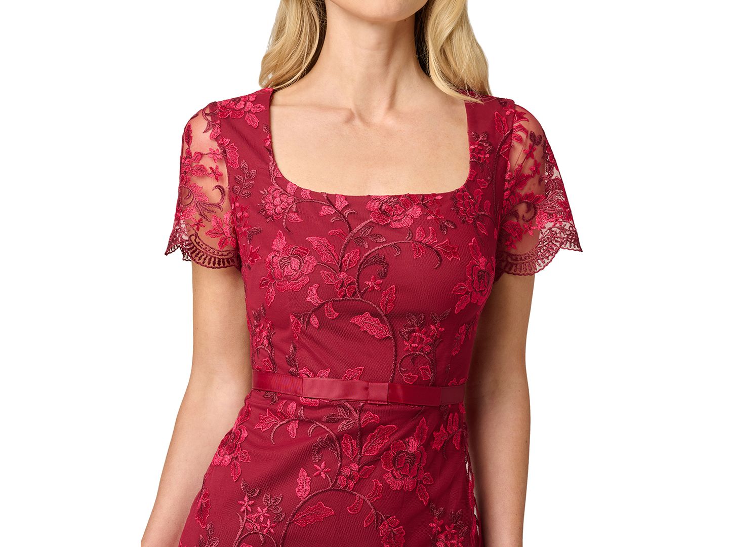 Женское платье Adrianna Papell Short-Sleeve Square-Neck Floral-Embroidered, цвет: Бордовый / Розовый — фото 4