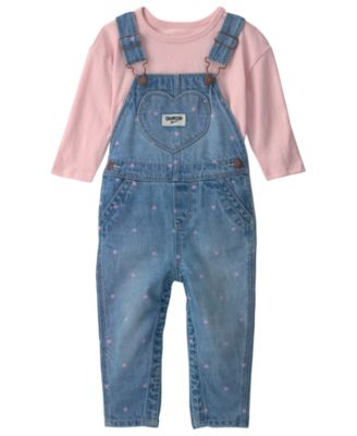 Baby Girls' Long-Sleeve Top and Heart Denim Overalls, 2-Piece Set