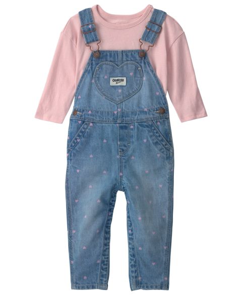 Детский комплект OshKosh B'gosh для девочки: топ и джинсовый полукомбинезон с сердцами, цвет: Синий / Розовый