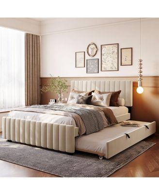 Queen Size Velvet Upholstered Platform Bed with Twin XL Size Trundle