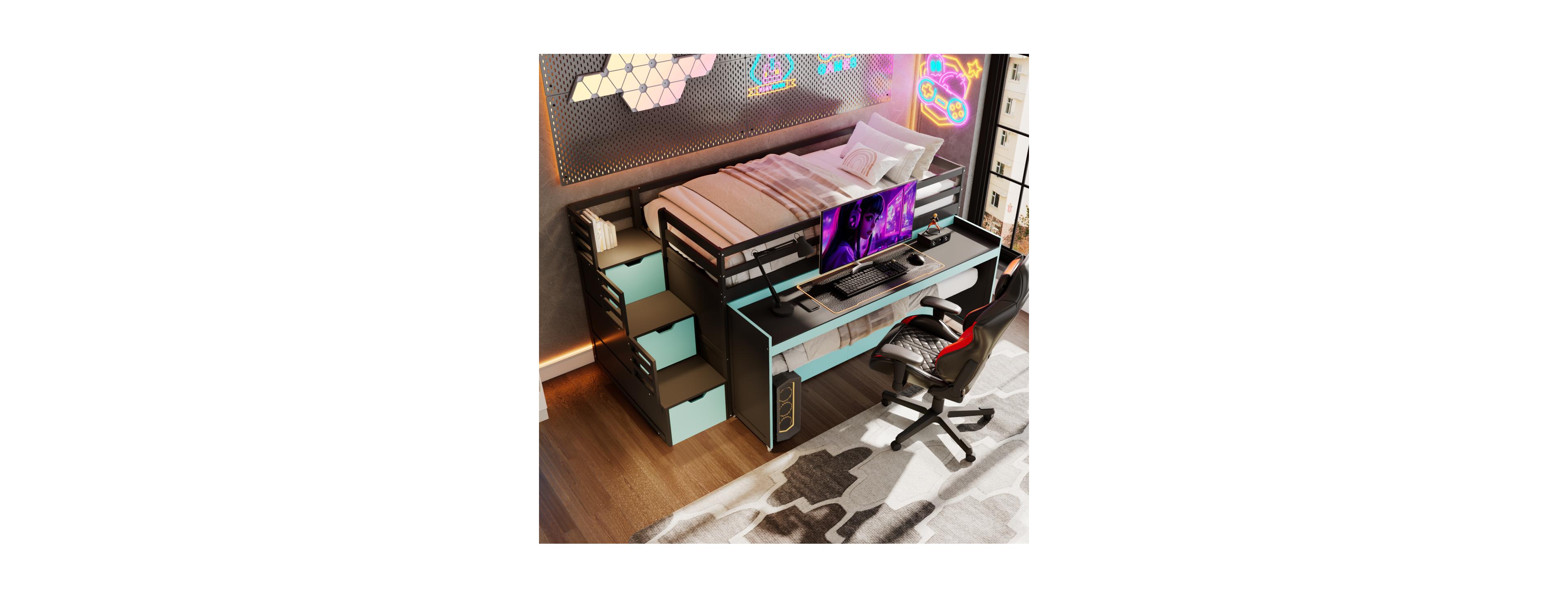Streamdale Furniture Loft Bed with Desk, Trundle, Storage Steps, and Drawers