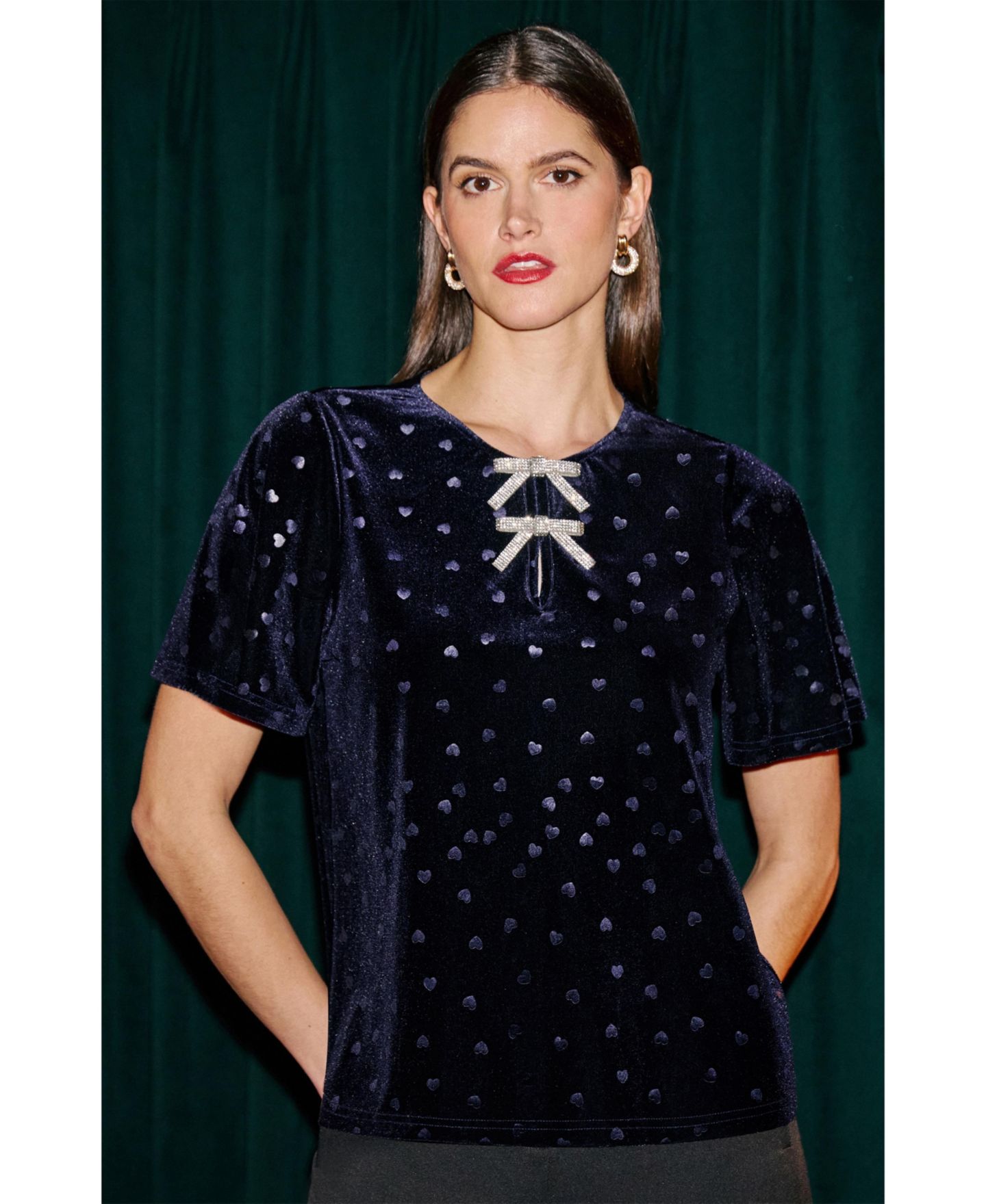 Женский топ Yumi Velvet Heart-Print Bow Detail, цвет: Тёмно-синий — фото 3