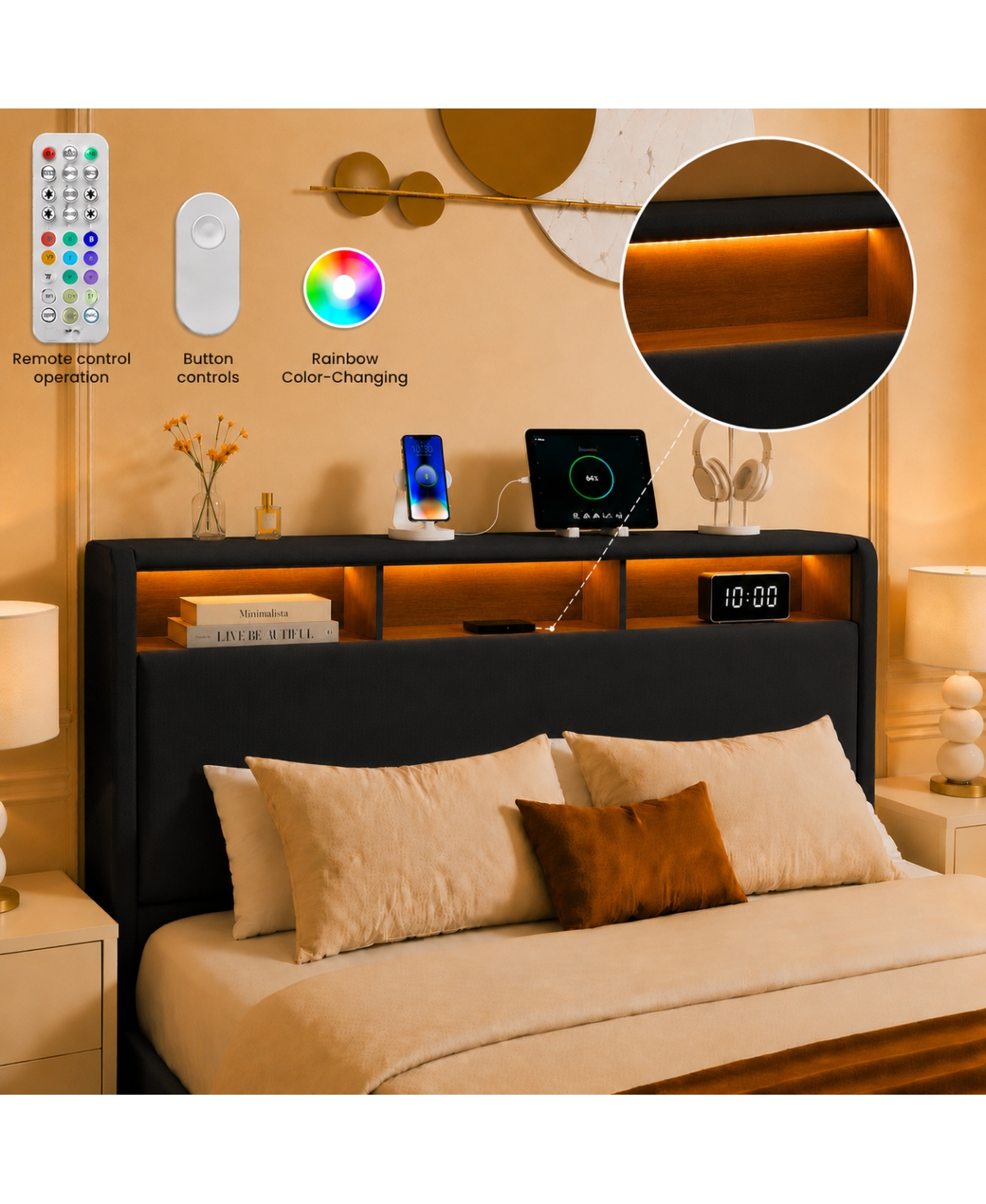 Streamdale Furniture Full-Size Upholstered Storage Bed with Led Headboard, Charging Station and Drawers