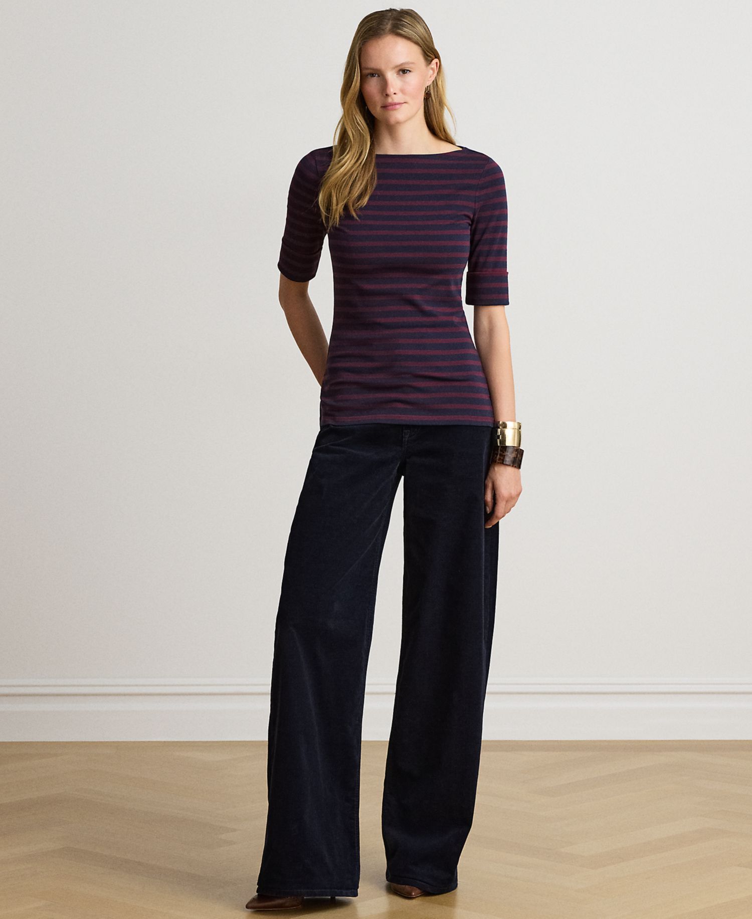 Petite Striped Stretch Cotton Boat Neck Top