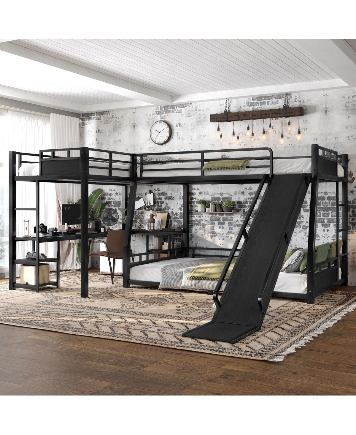 Streamdale Furniture L-Shaped Metal Triple Bunk Bed with Desk, Storage, and Slide