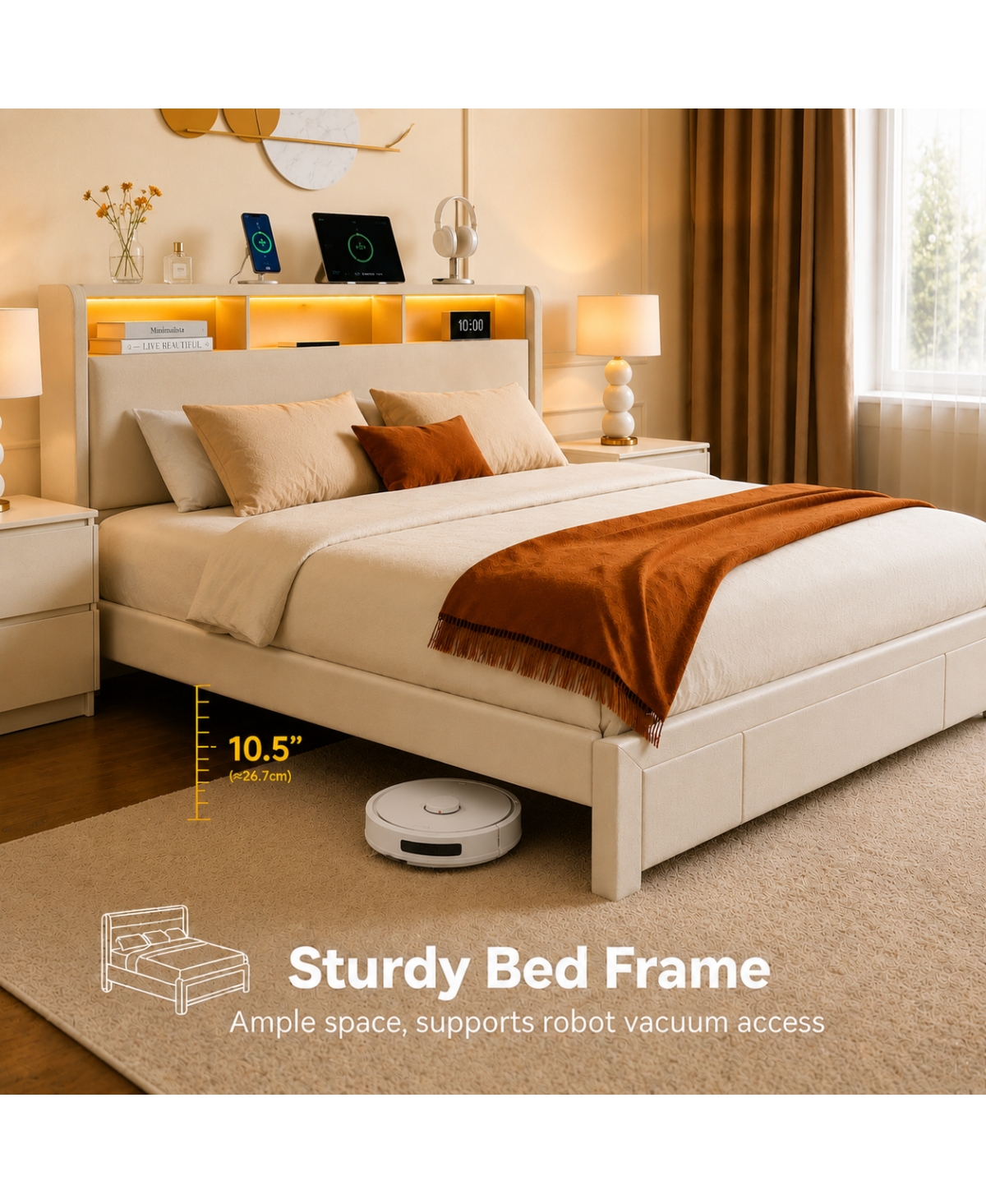 Streamdale Furniture Upholstered Storage Bed with Led, Usb, and Drawers