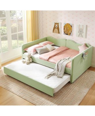Gingham Upholstered Full-Size Daybed with Trundle and Side Storage Pocket