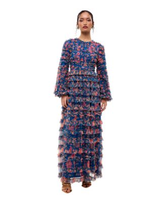 Women's Modest Floral Ruffle Maxi Dress