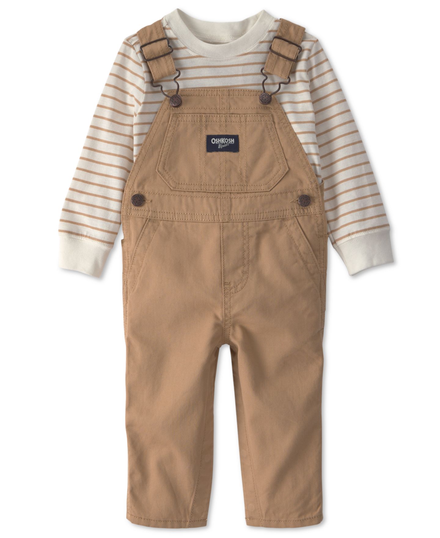 Детский комплект Oshkosh B'Gosh: полосатый топ с длинным рукавом и полукомбинезон, цвет: Коричневый / Слоновая кость — фото 1