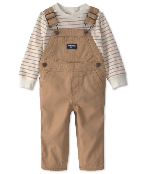 Детский комплект OshKosh B'gosh: полосатый топ с длинным рукавом и полукомбинезон, цвет: Коричневый / Слоновая кость