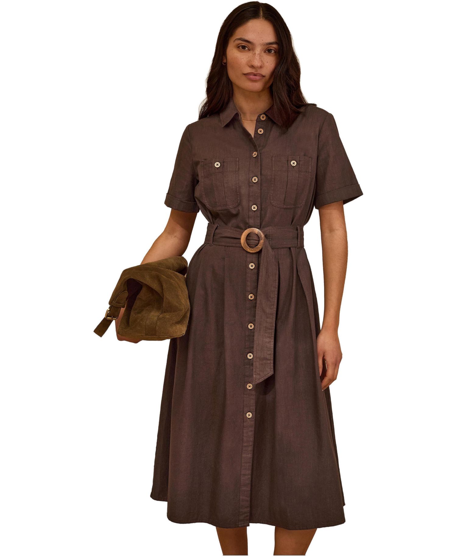 Women's Belted Safari Midi Shirt Dress