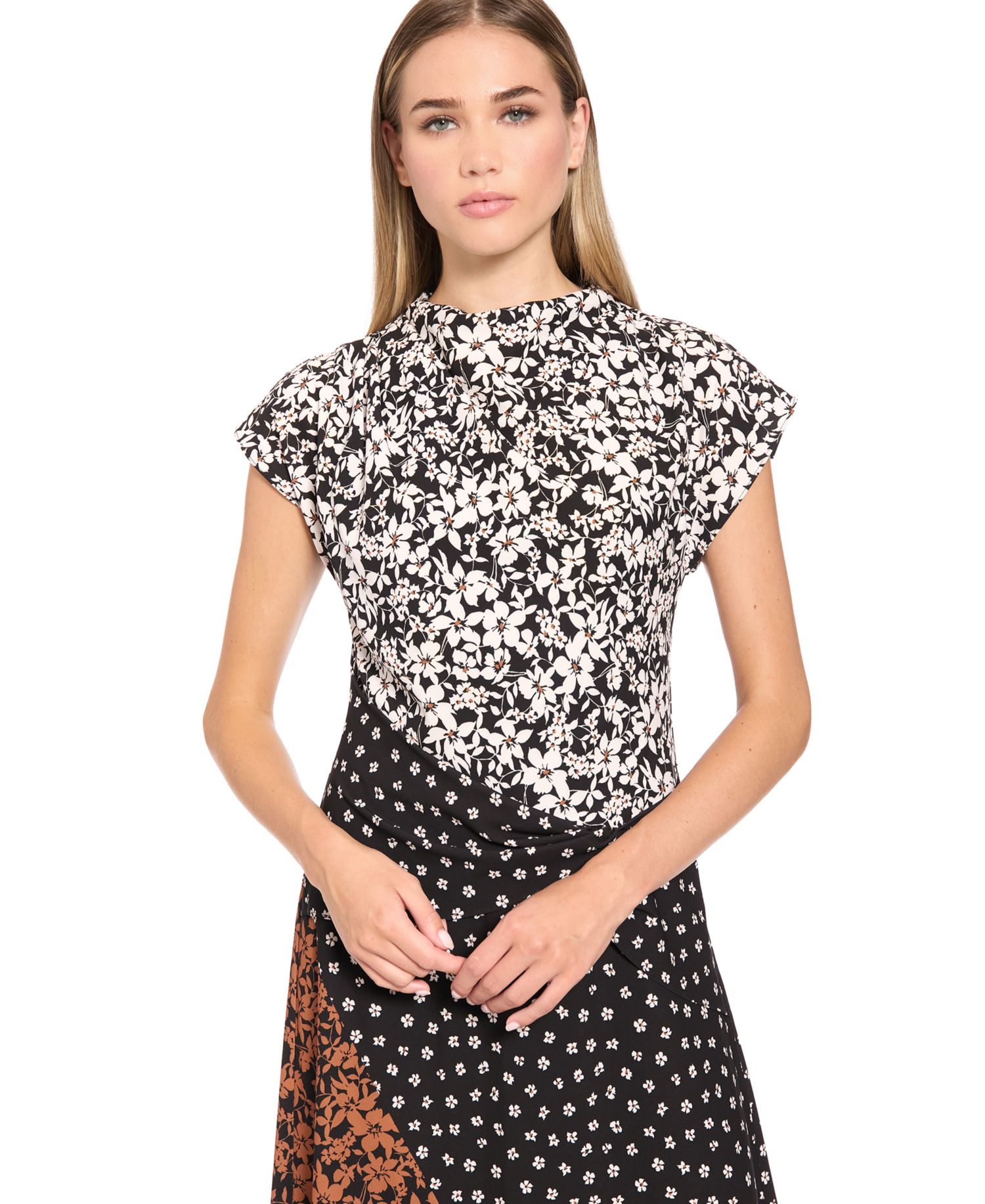Women's Patchwork Print Mock Neck Midi Dress