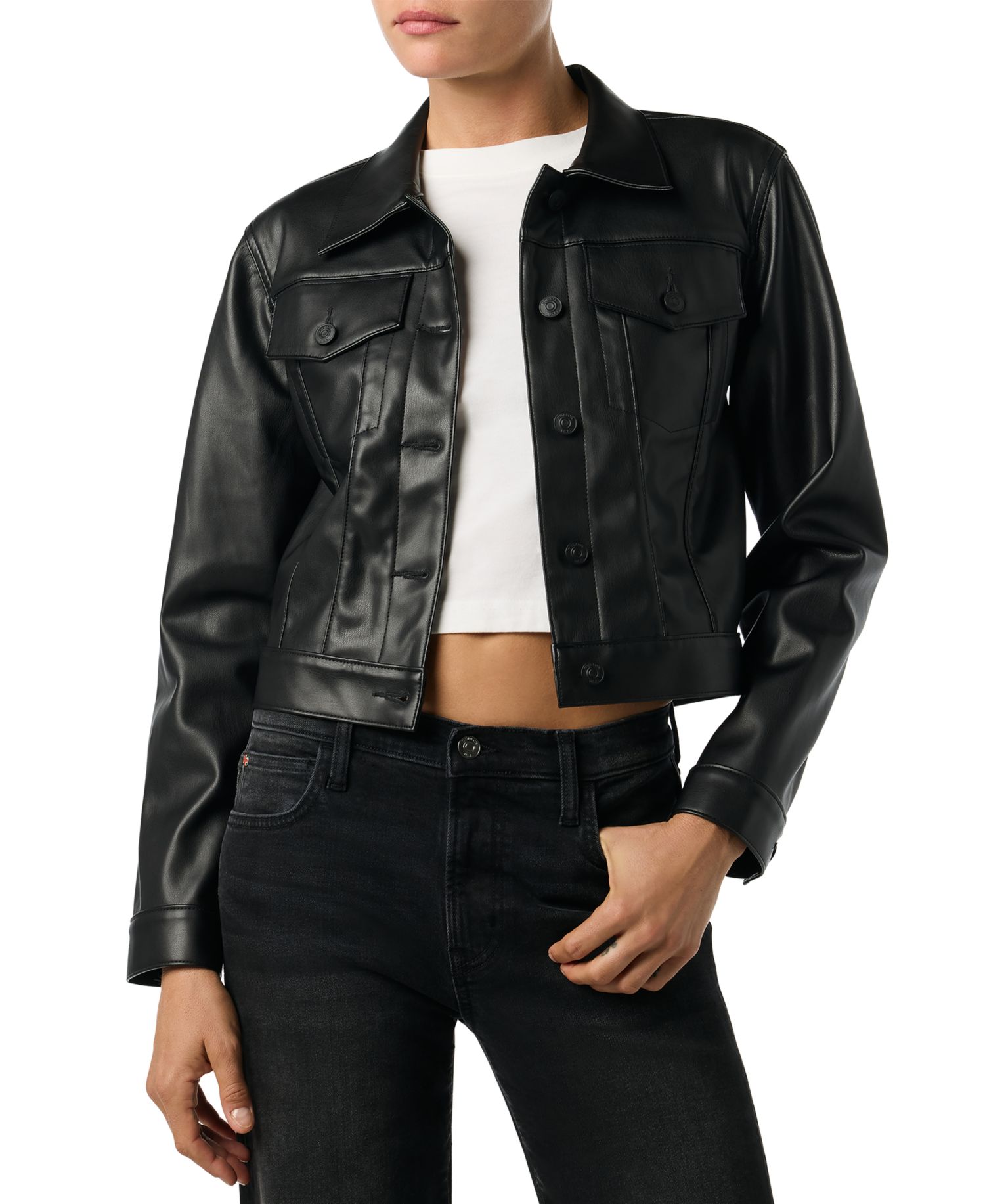Women's Faux-Leather Cropped Long-Sleeve Jacket