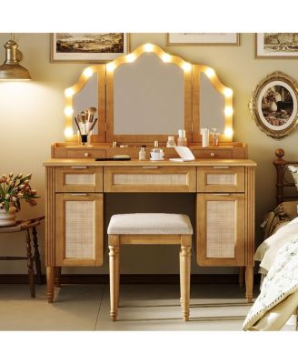 Makeup Vanity Desk with Tri-Fold Mirror, 13 Lights, 5 Drawers and Charging Station