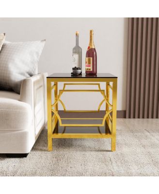19.7" Modern Square Side Table with Tempered Glass Top and Storage Shelf