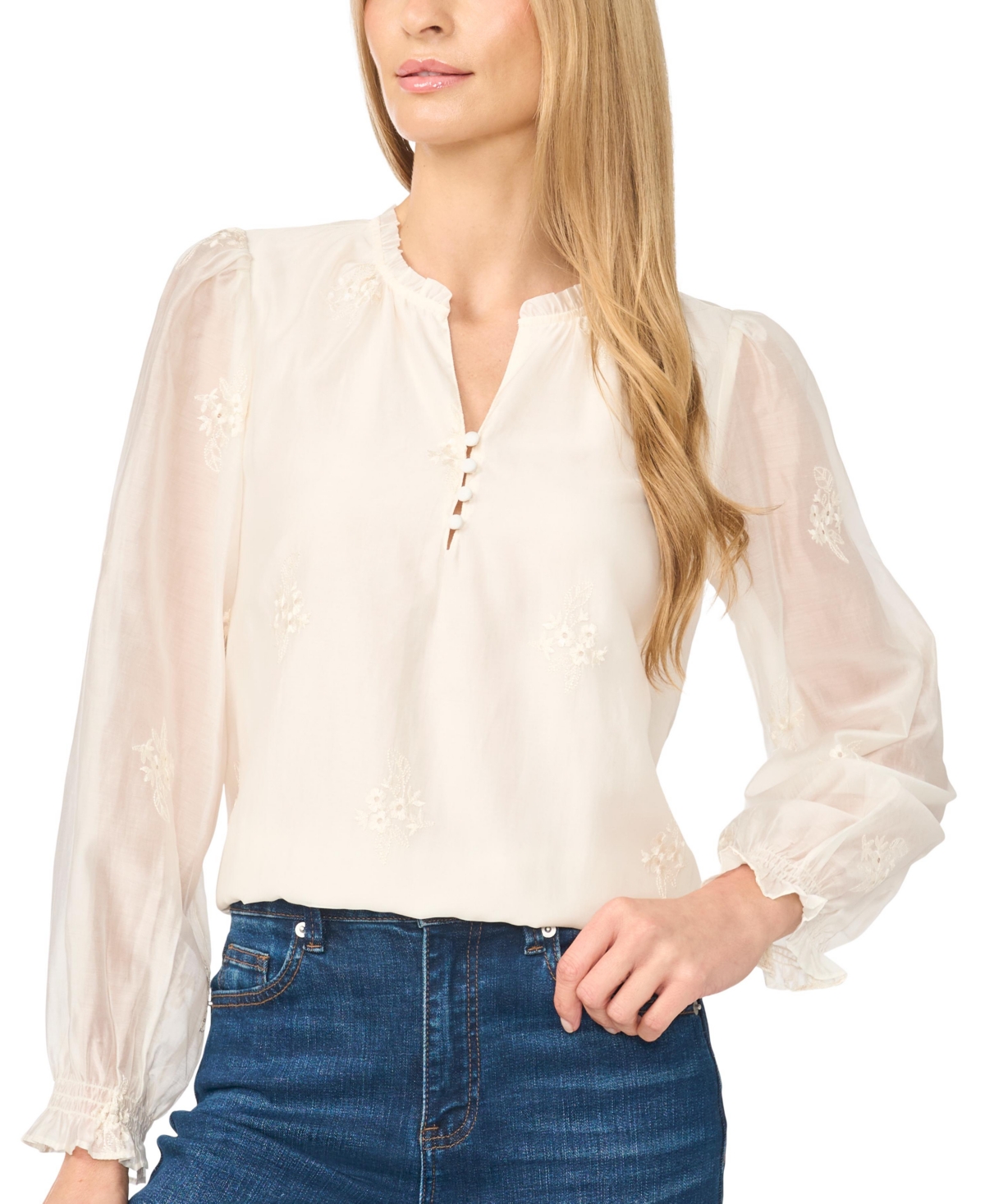 CeCe Women's Ruffle-Neck Long-Sleeve V-Neck Blouse