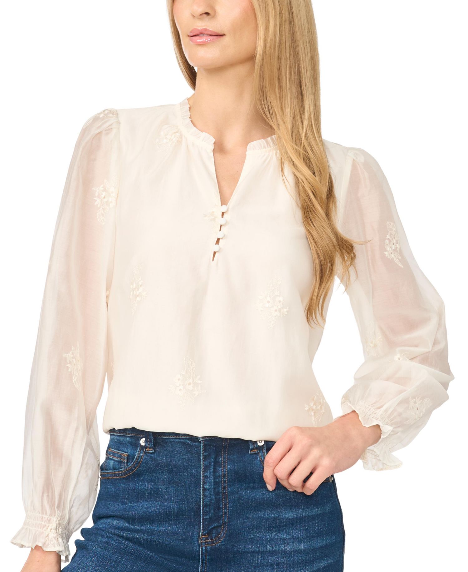 Women's Long-Sleeve Ruffle Neck Embroidered Blouse