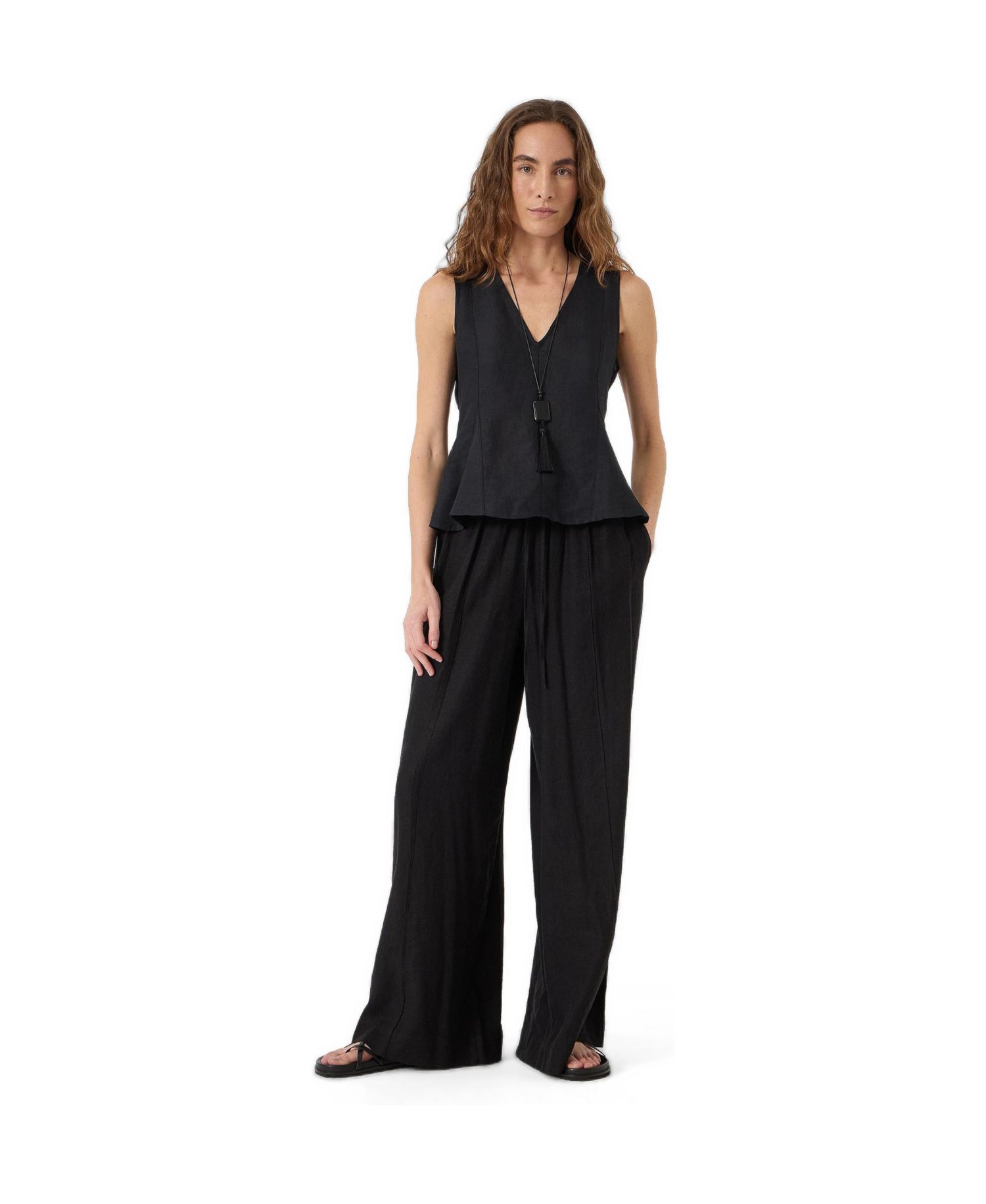 Women's Jose V-Neck Godet Sleeveless Linen-Blend Top