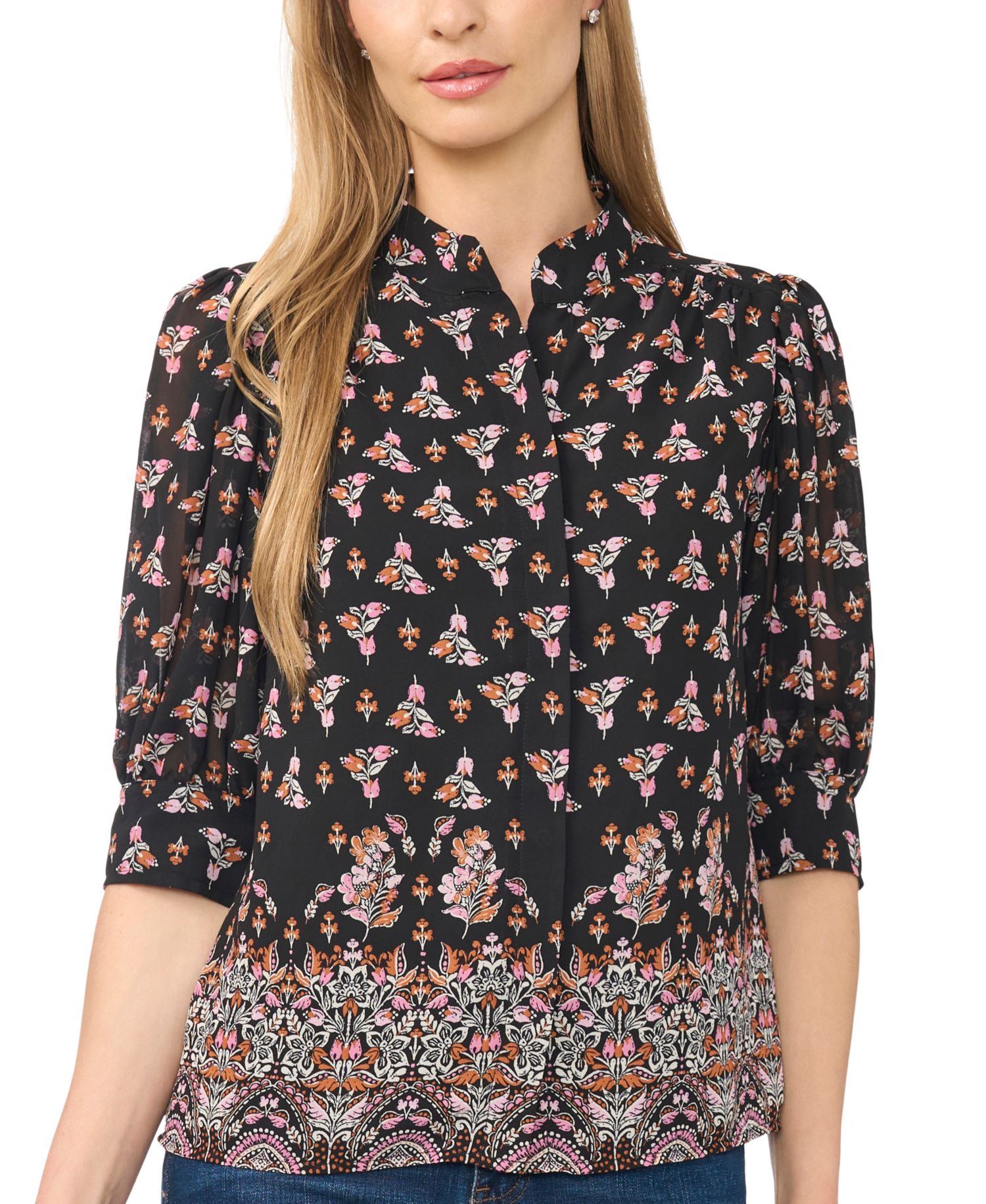 Women's 3/4-Sleeve Open Collar Blouse