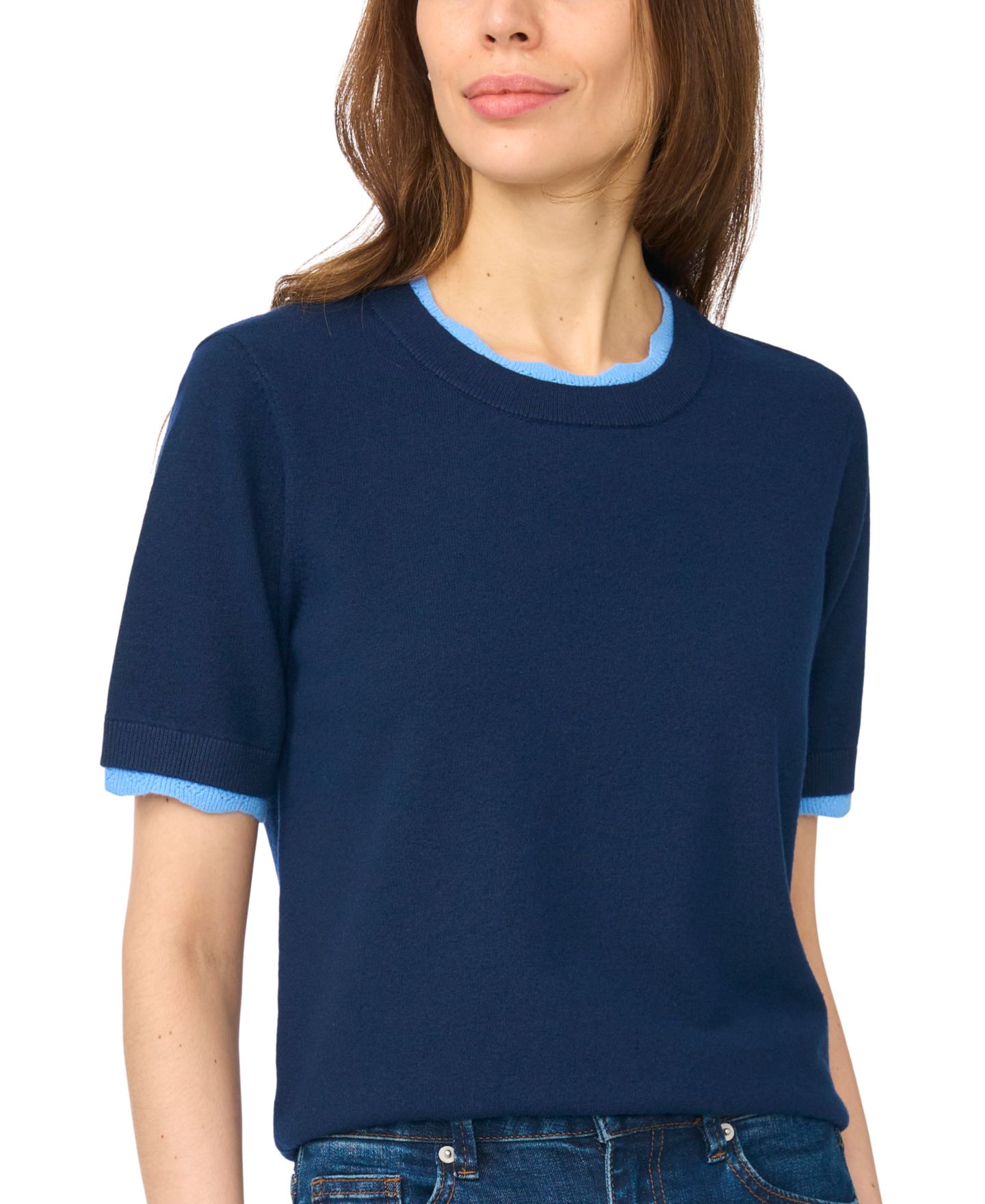 Женский свитер CeCe Scalloped-Trim Short-Sleeve Crewneck, цвет: Синий полуночный — фото 2