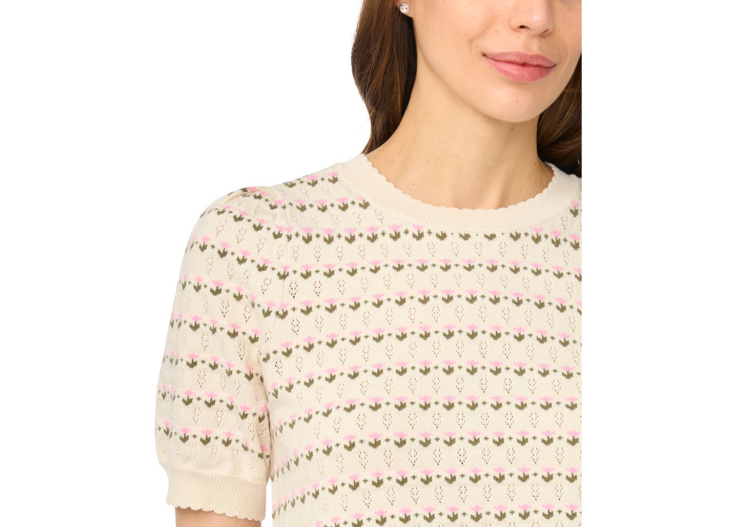 Women's Floral Pointelle Short-Sleeve Crewneck Pullover