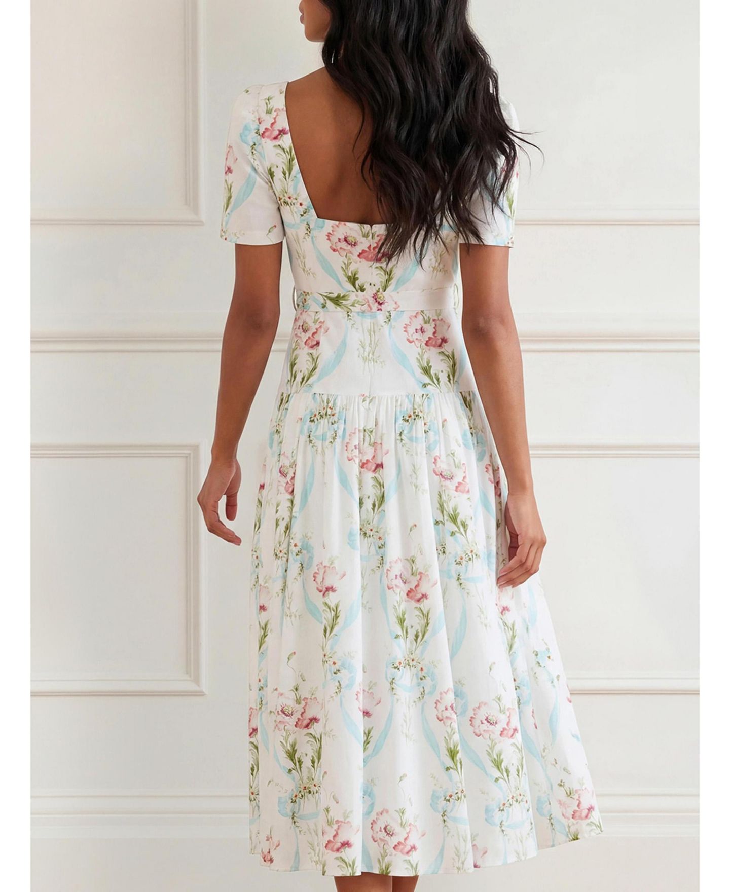 Женское платье Needle & Thread Floral Sweetheart Fit & Flare, цвет: Оптический белый / Синий — фото 3