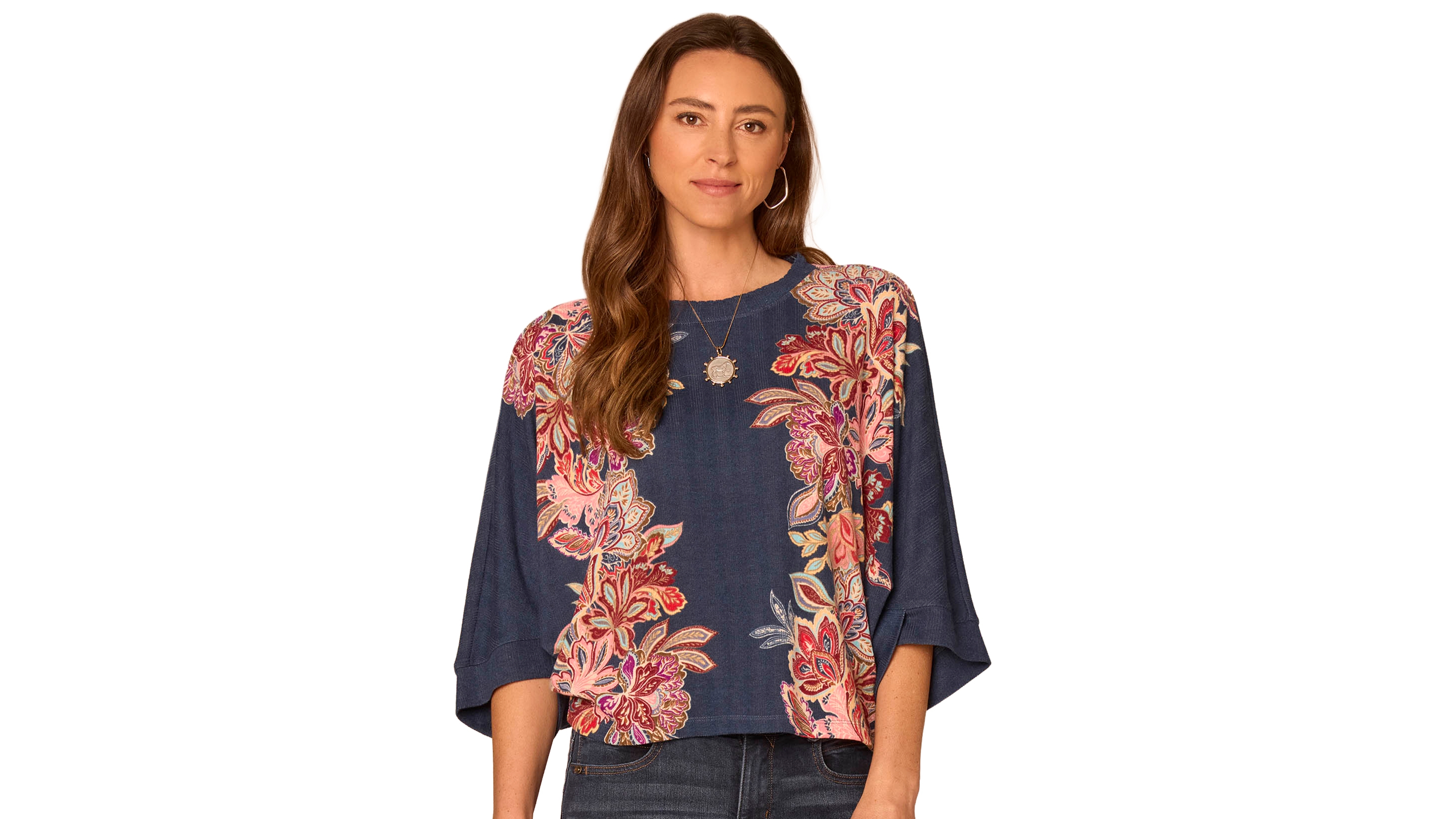 Democracy Petite Floral 3/4-Length Dolman Scoop-Neck Blouse