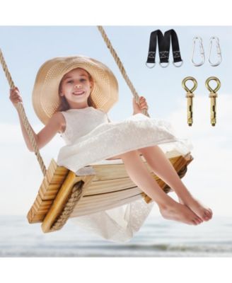 Upgraded Wooden Swing Seat Adjustable Rope Straps Indoor Outdoor 500lbs Load