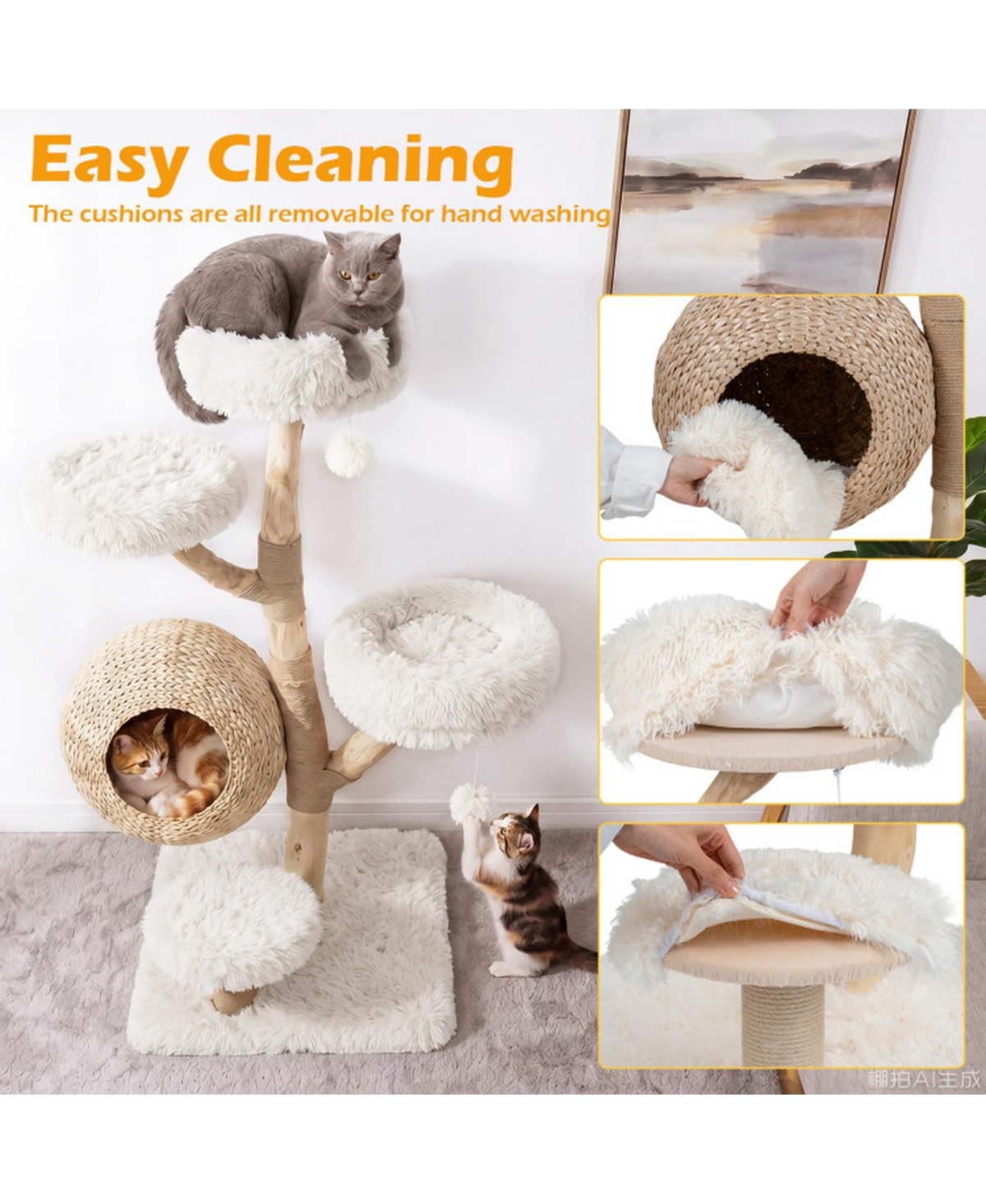 Hongge Five-Tier Wooden Cat Tree with Hand-Woven Cattail Condo