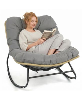 Outdoor Papasan Rocking Chair Oversized Egg-shaped Rocker with Thick Cushioned Seat