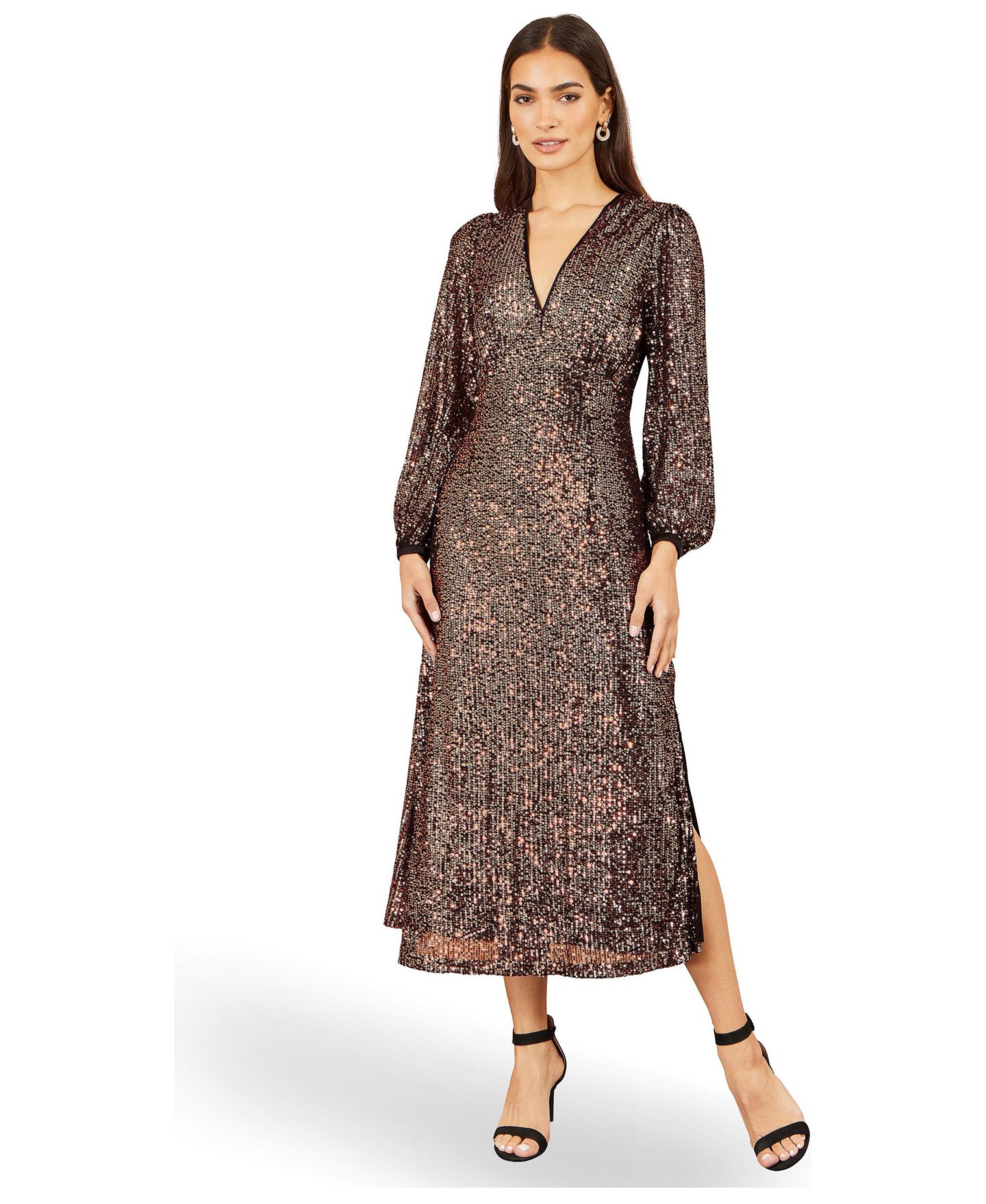 Женское платье Yumi Sequin A-Line V-Neck Midi, цвет: Медный — фото 2