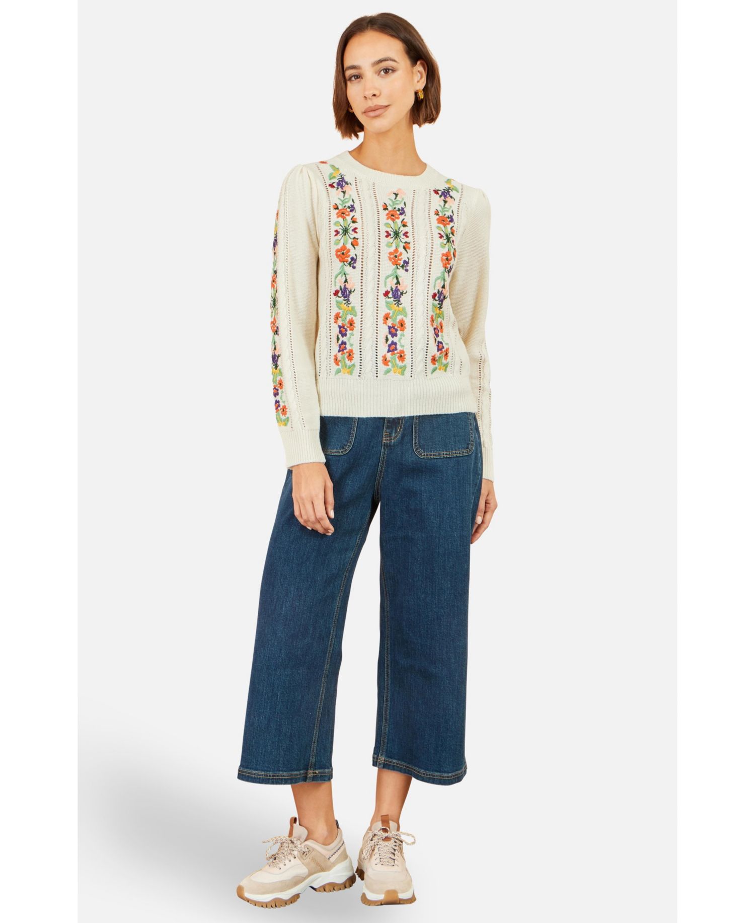 Women's Cable-Knit Floral-Embroidery Puff-Sleeve Crewneck Sweater
