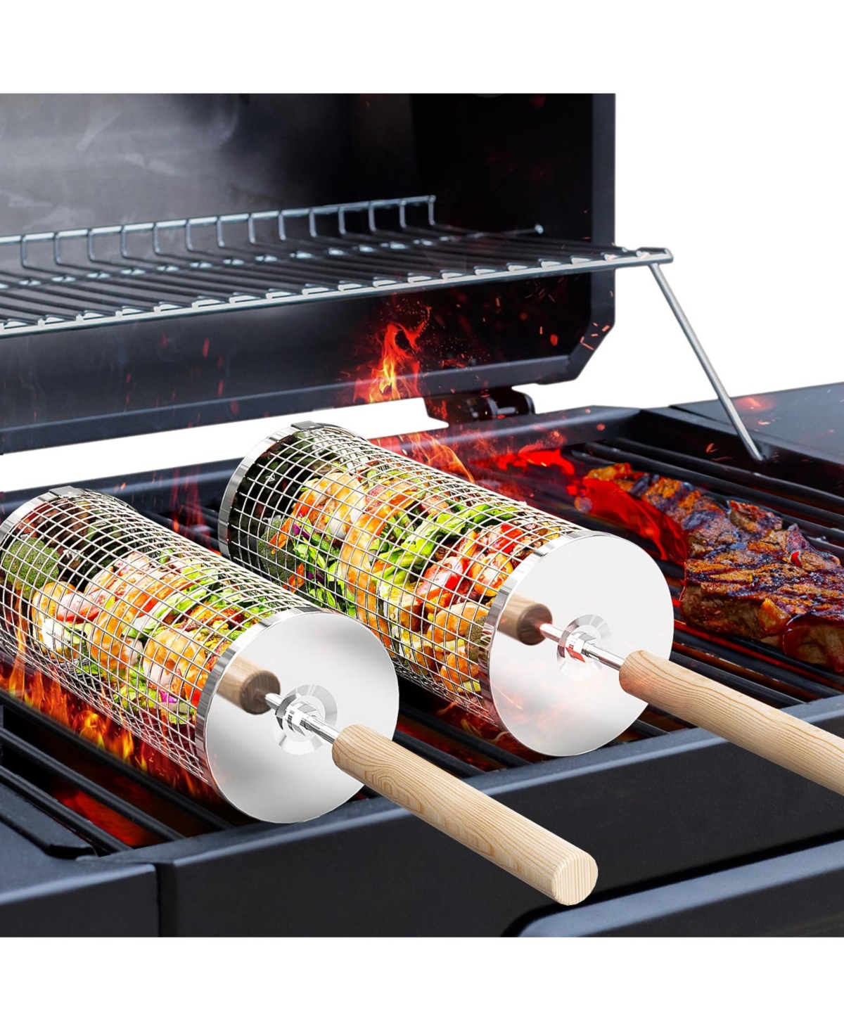 Xdovet Rolling Grill Basket Removable Wooden Handle Bbq Tools