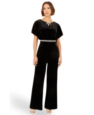 Women's Velvet Bow-Neck Wide-Leg Evening Jumpsuit