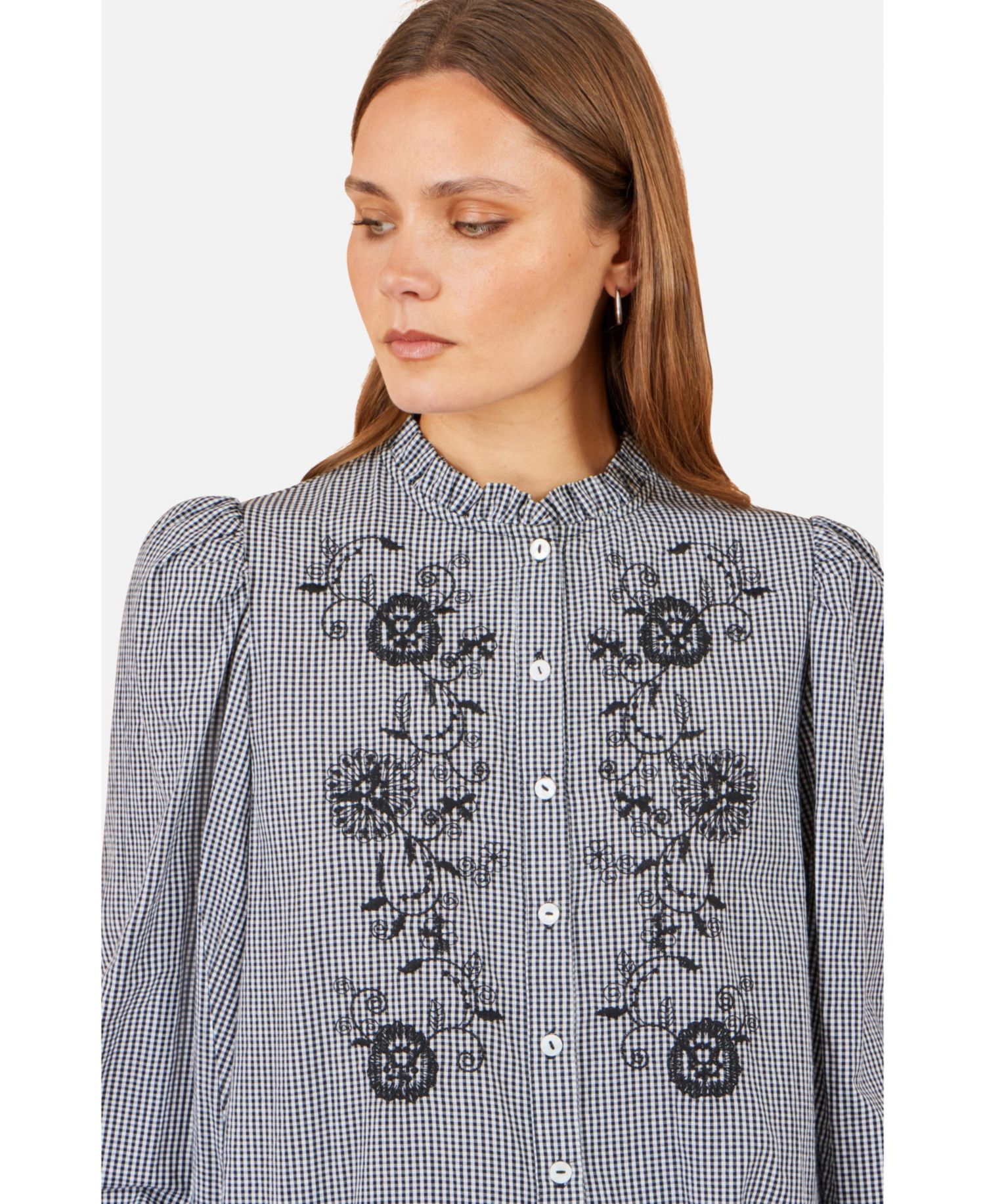 Women's Gingham Embroidered Long-Sleeve Blouse