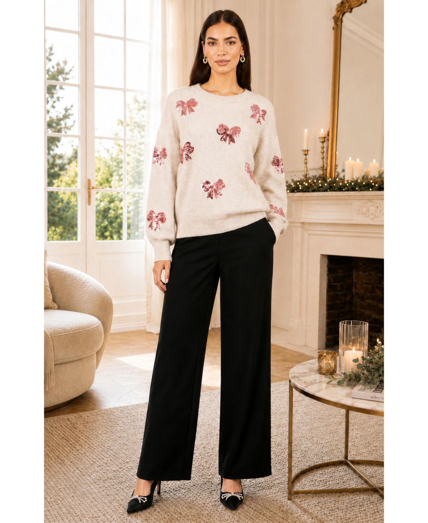 Women's Relaxed Sequin Bow Sweater