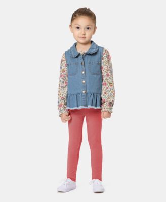 Toddler Girls' 2T-5T Denim Vest, Long-Sleeve Top and Leggings, 3-Piece Set