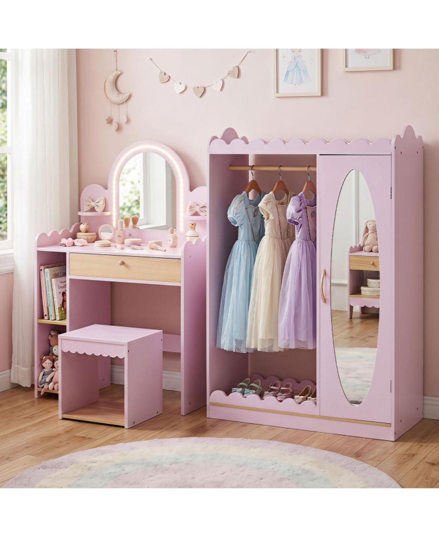 Детские игрушки HONGGE Lighted Makeup Mirror 2-Piece Vanity and Chair Set, Ages 3+, цвет: Розовый / Коричневый — фото 2
