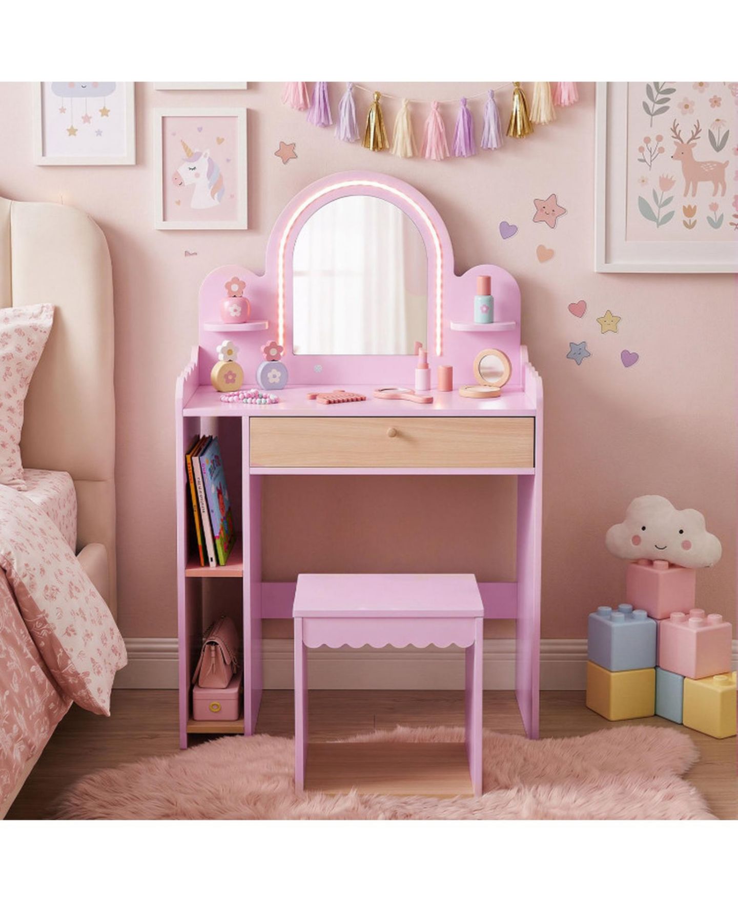 Детские игрушки HONGGE Lighted Makeup Mirror 2-Piece Vanity and Chair Set, Ages 3+, цвет: Розовый / Коричневый — фото 10