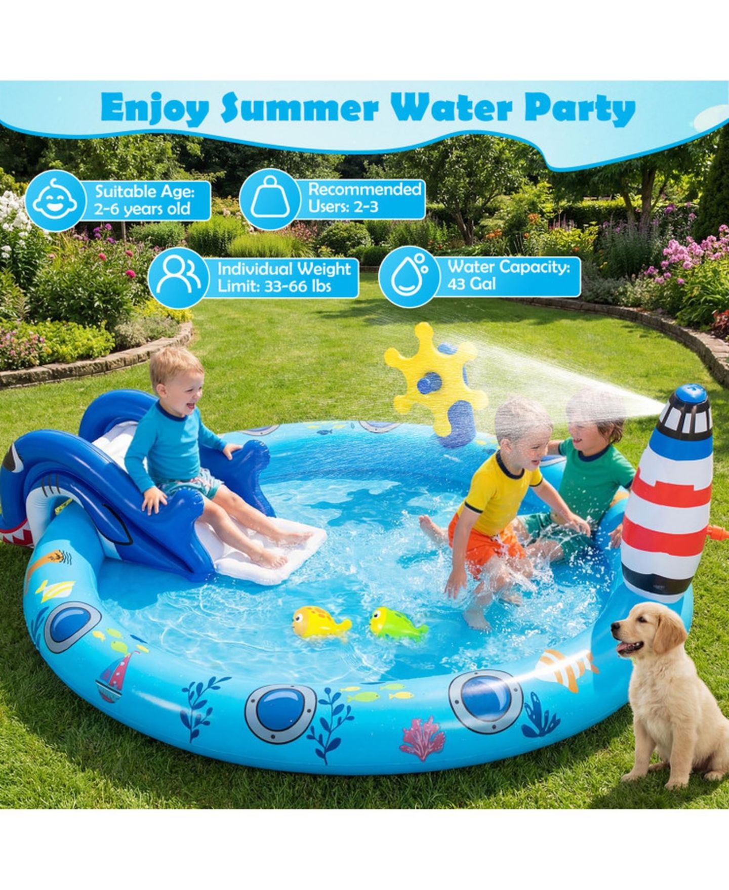 Детская игрушка HONGGE Marine Life Inflatable Spray Pool Play Center with Shark Slide, 74"L x 60.2"W x 24.8"H, 43-Gallon Capacity, Ages 2+, цвет: Океанский синий — фото 9