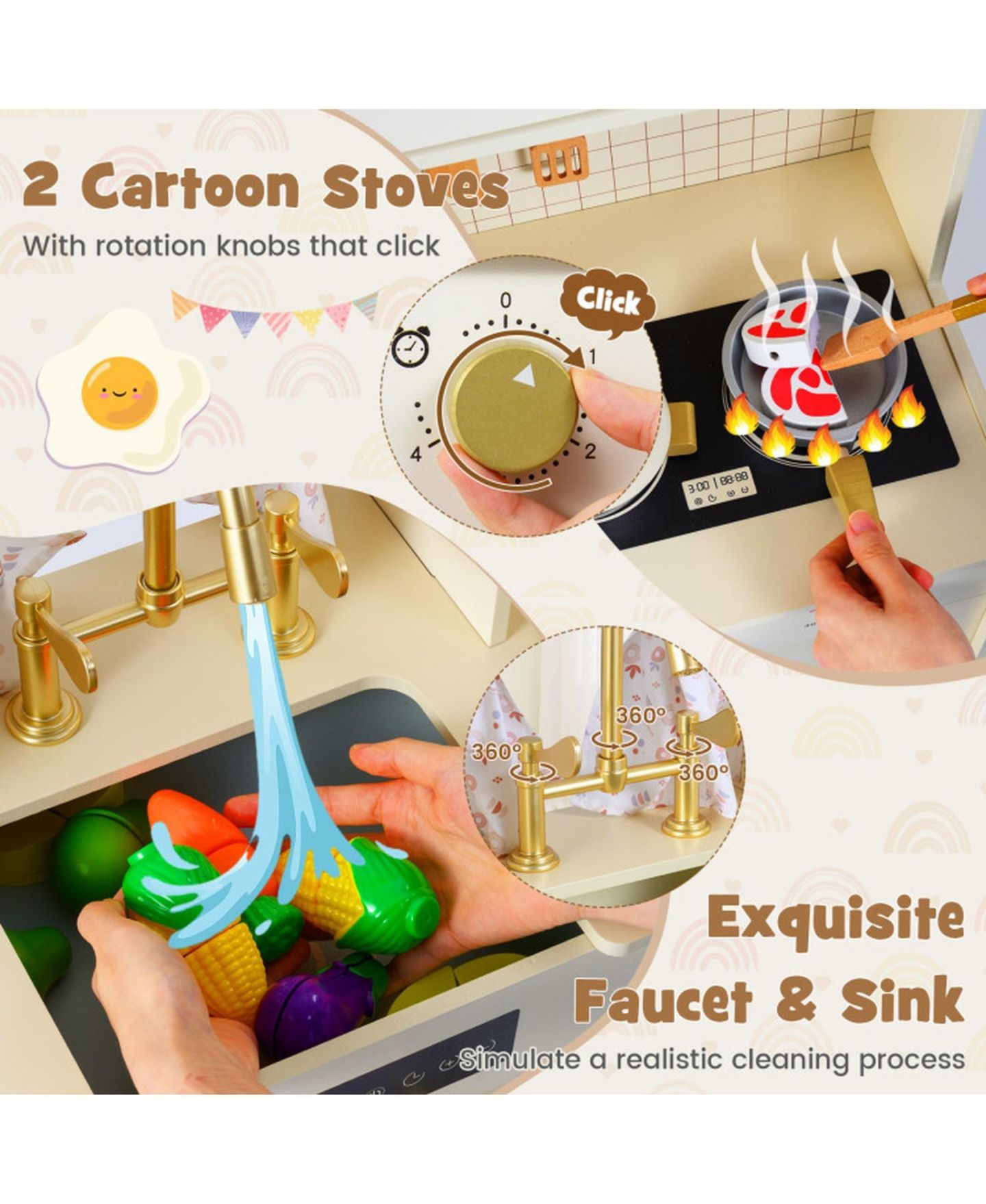 Детские игрушки HONGGE Clicking Knobs 14-Piece Play Kitchen, Ages 3+, цвет: Тёплый бежевый — фото 10