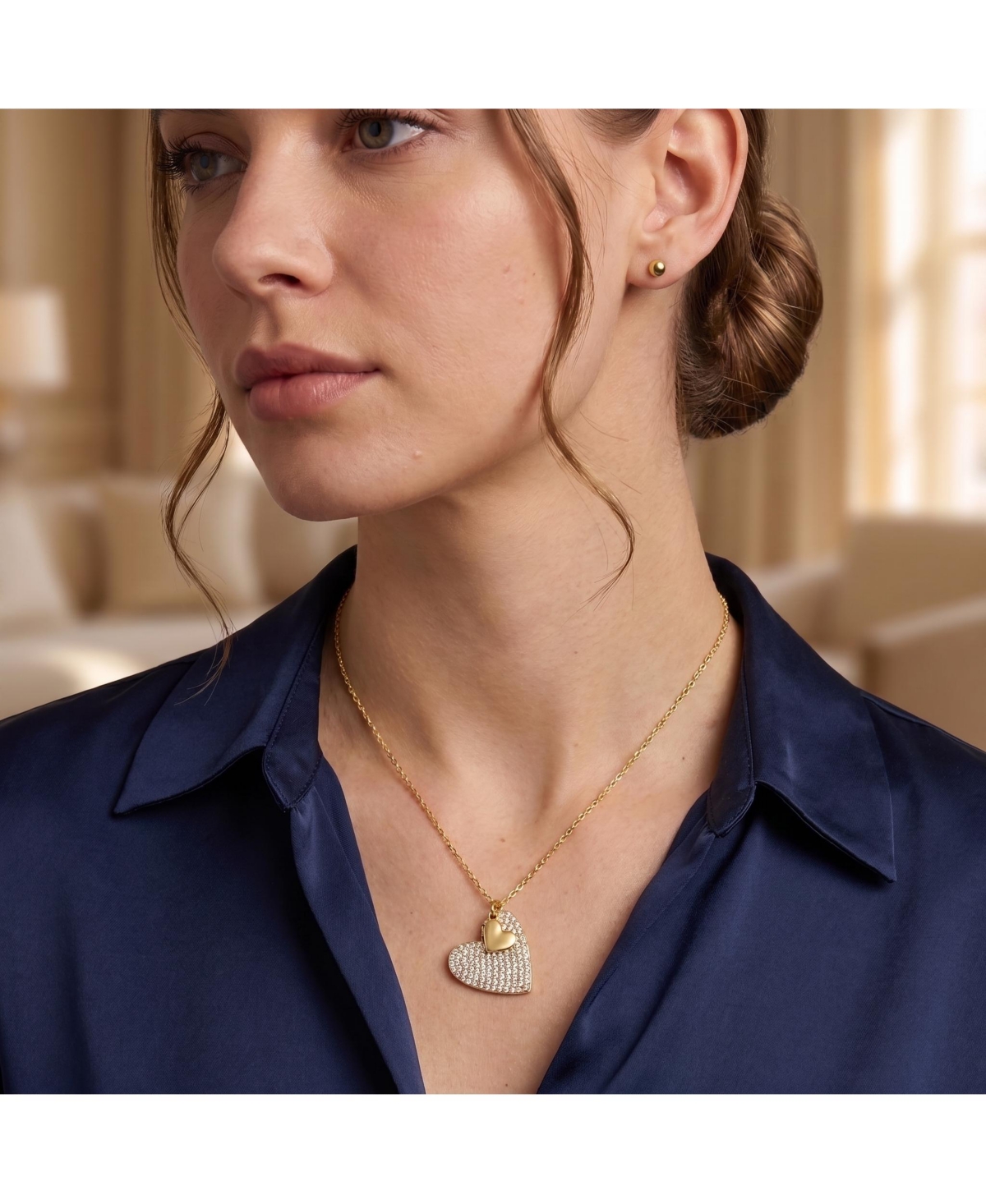Sterling Silver 14k Yellow Gold Plated with Cubic Zirconia Pave Double Dangle Heart Charm Pendant Layering Necklace