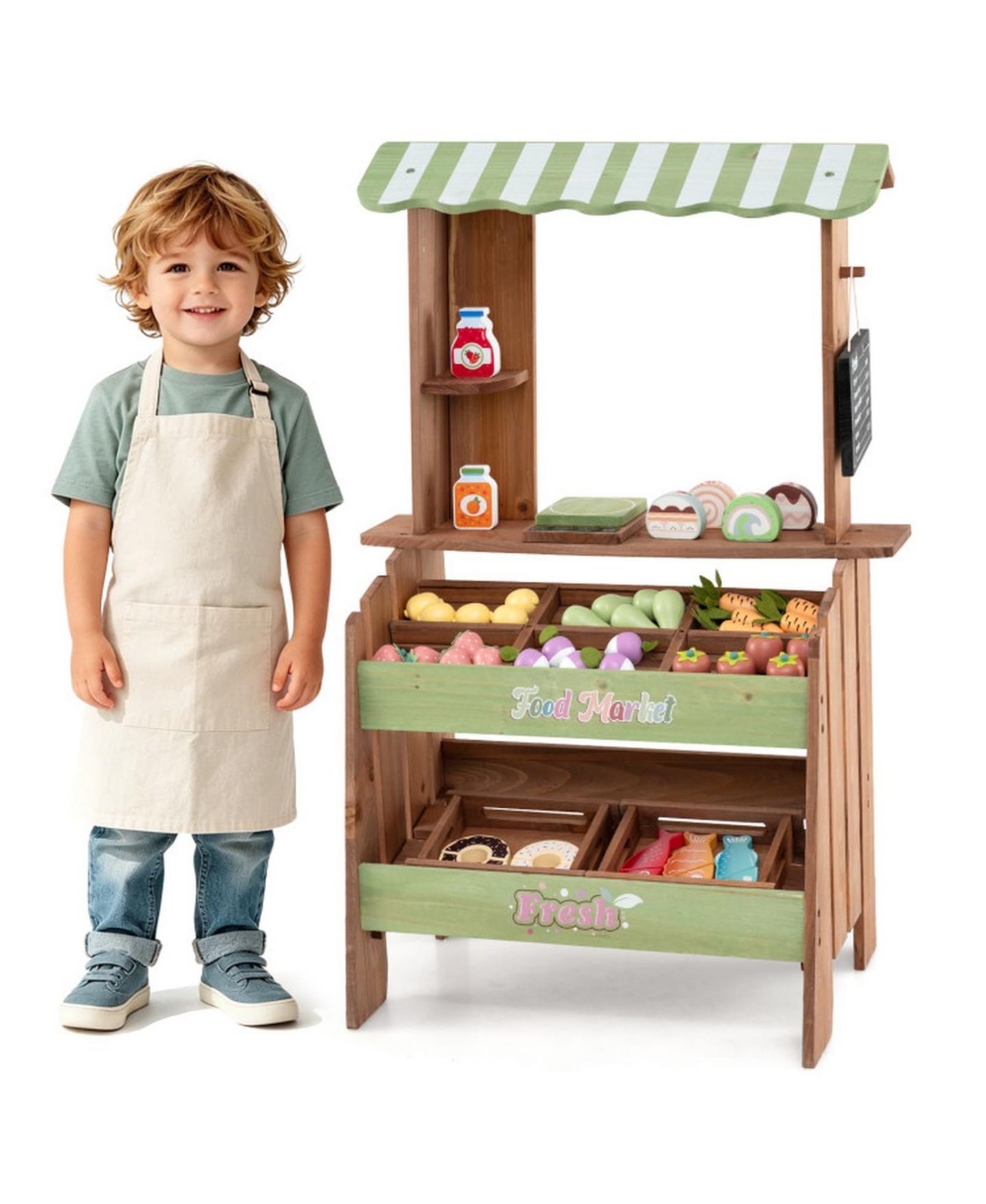 Детский игровой набор HONGGE Wooden Kids Grocery Store Playset with Chalkboard and 43 Pieces, цвет: Коричневый / Зелёный — фото 3