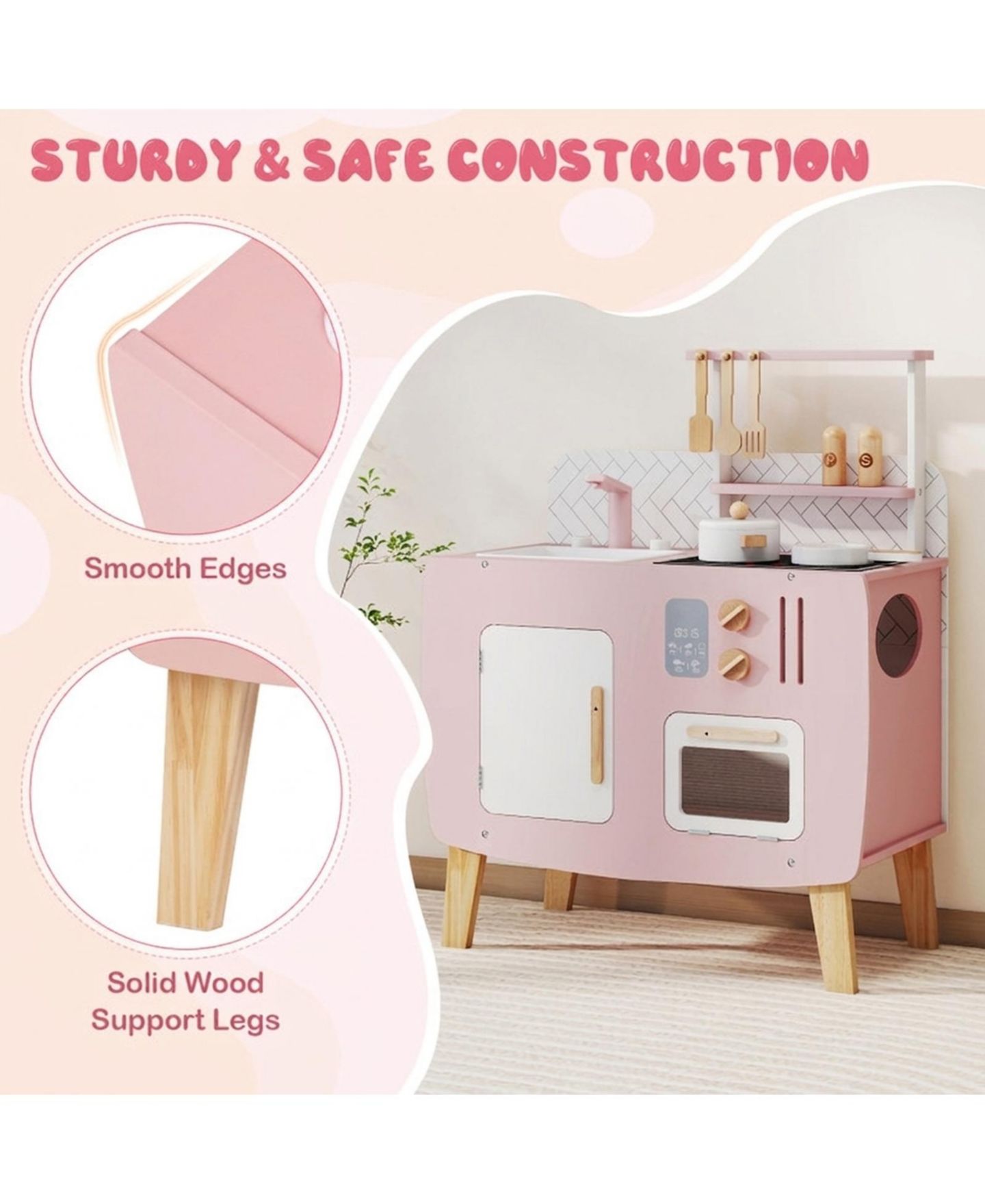 Детские игрушки HONGGE Four-Station Wooden Play Kitchen, 7-Piece Set, Ages 3+, цвет: Розовый / Белый — фото 5