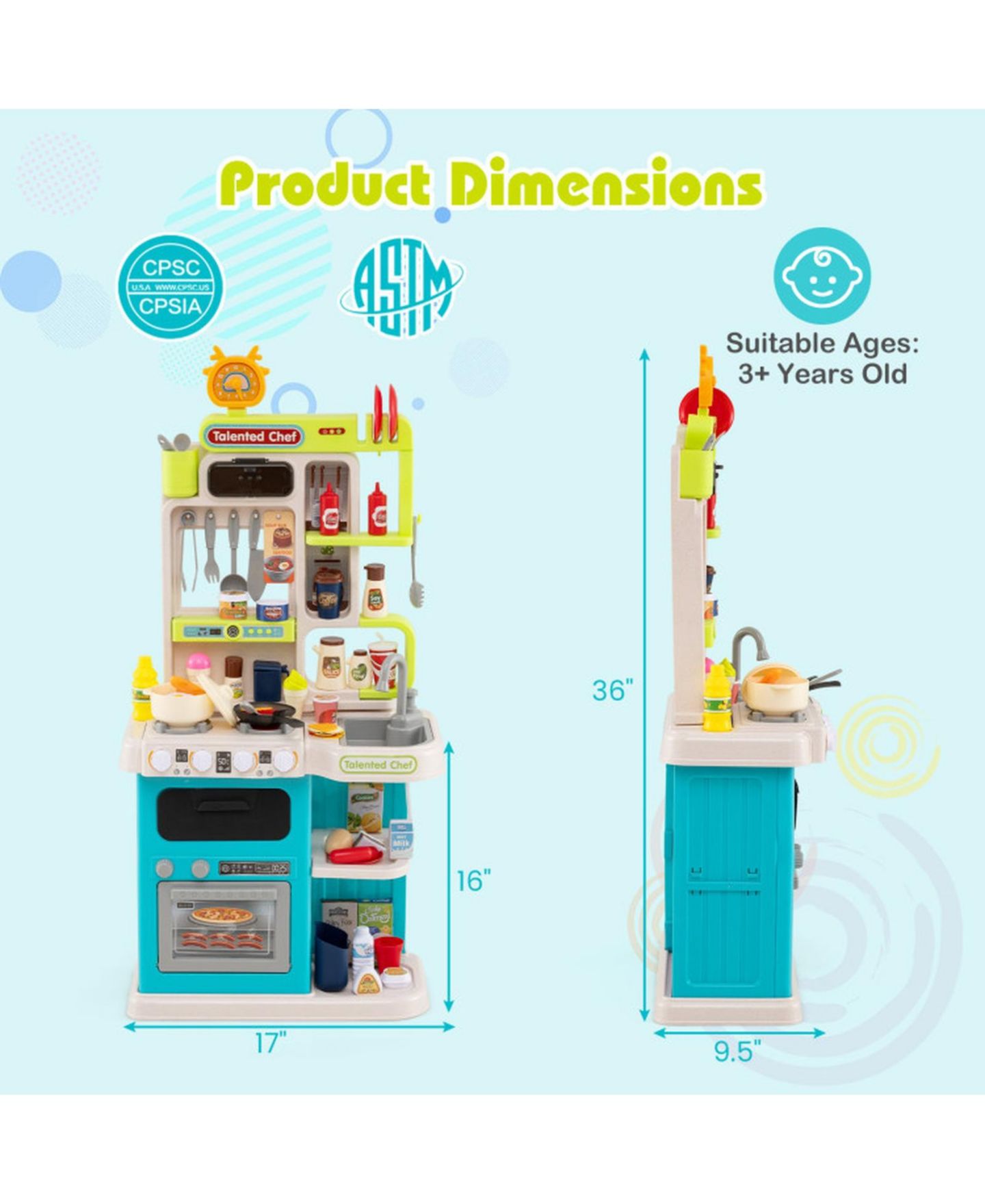 Детские игрушки HONGGE Corner Play Kitchen With Steam Sounds, 95-Piece, Ages 3+, цвет: Океанский синий — фото 3