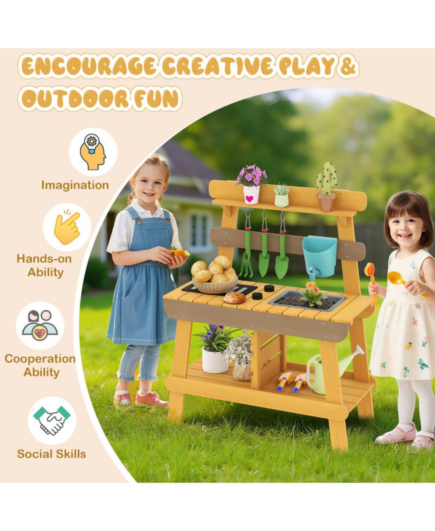 Детская игрушка HONGGE Outdoor Wooden Mud Kitchen with Grill Rack and Garden Tools, цвет: Однотонный — фото 5
