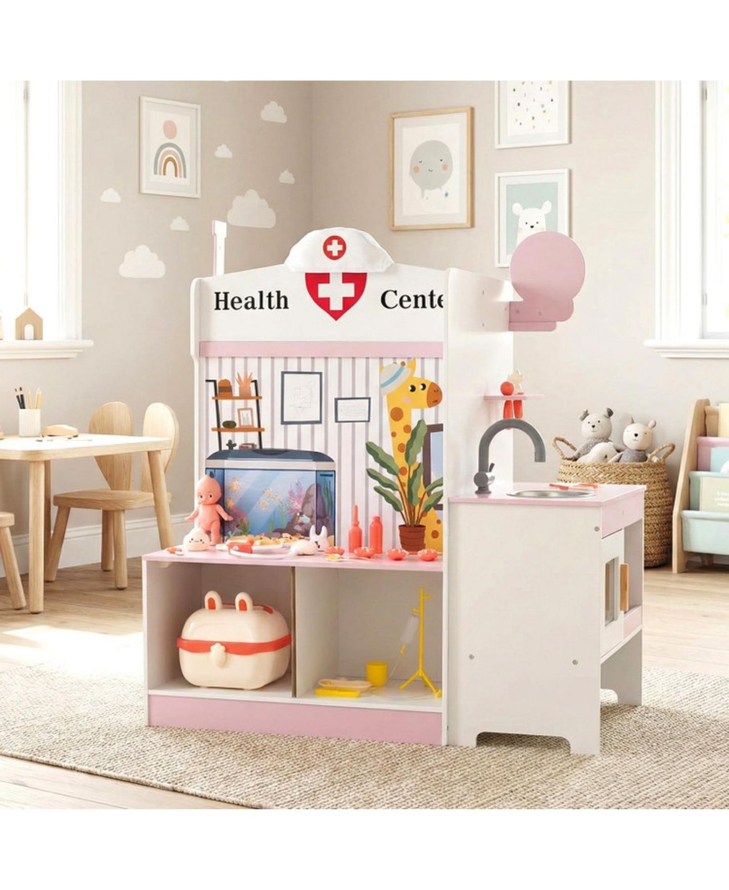Детские игрушки HONGGE Kids Doctor Adjustable Height Bar Hand Washing Station 27-Piece Play Set, Ages 3+, цвет: Розовый / Белый — фото 11