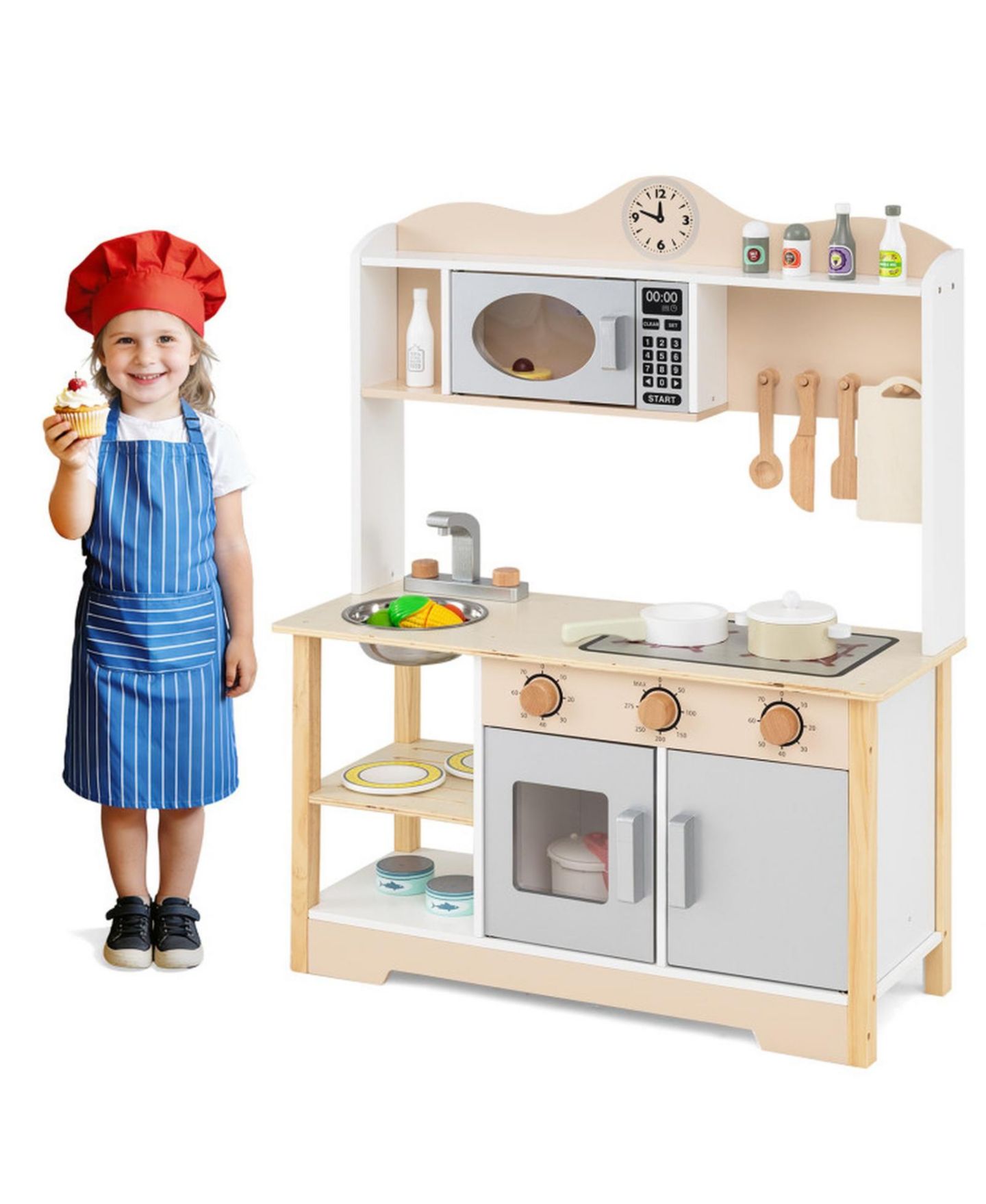 Детские игрушки HONGGE Printed Clock Wooden Toy Kitchen, 13-Piece, Ages 3+, цвет: Белый / Коричневый — фото 9