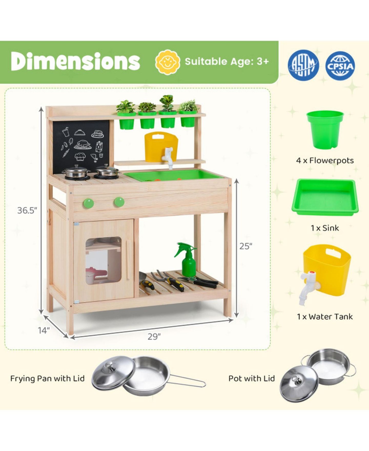 Детские игрушки HONGGE Mud Kitchen Chalkboard 4-Piece Play Kitchen, Ages 3+, цвет: Светлый сосновый — фото 3