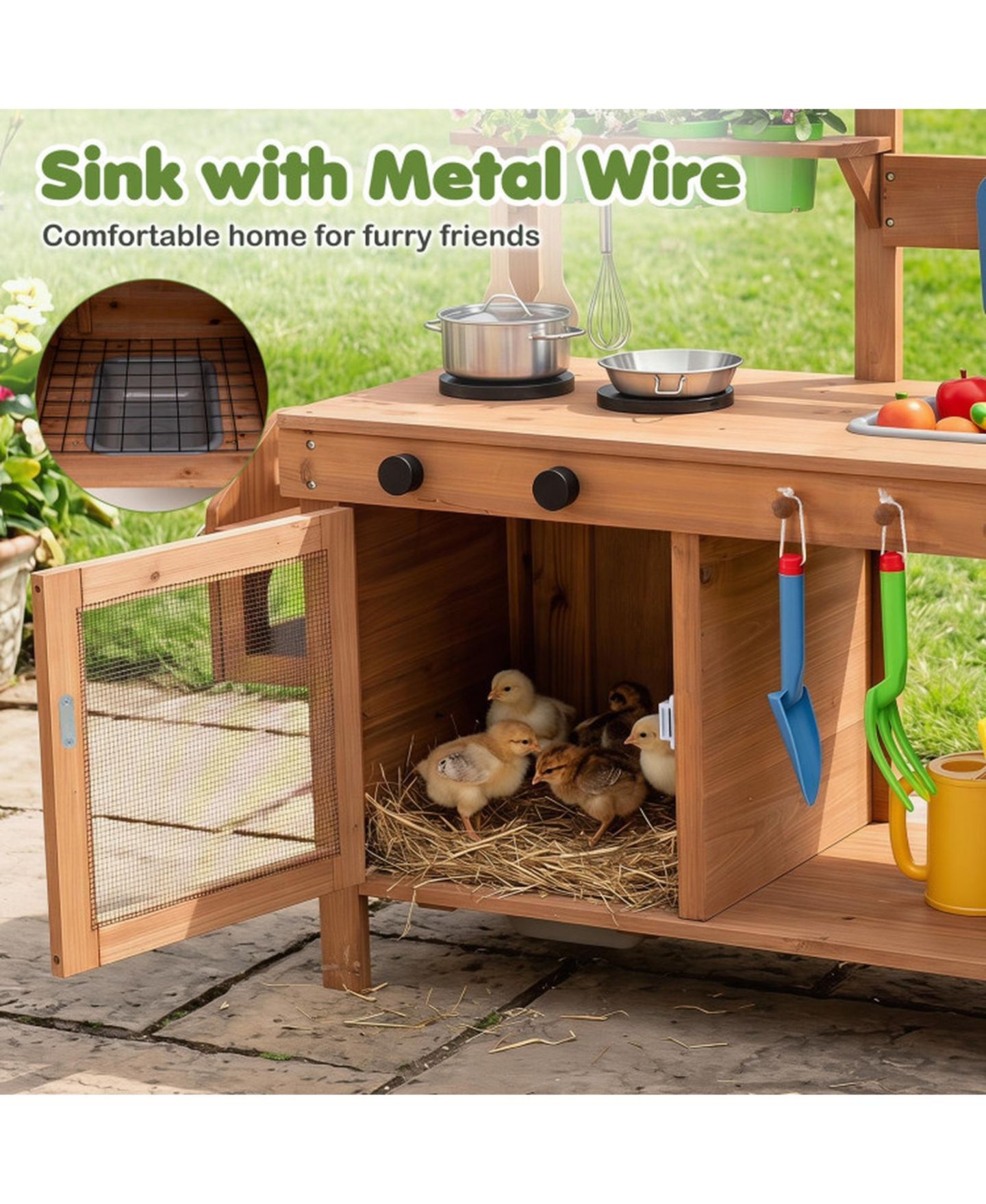Детская игрушка HONGGE Outdoor Mud Kitchen with Removable Birdcage and Planter Box, Ages 3+, цвет: Тёплый коричневый — фото 10